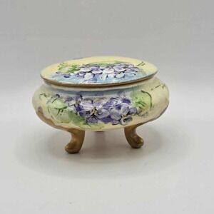 Antique Porcelain Jewelry Box Hand Painted Purple Flowers 3 Foot Gold Legs 2"
